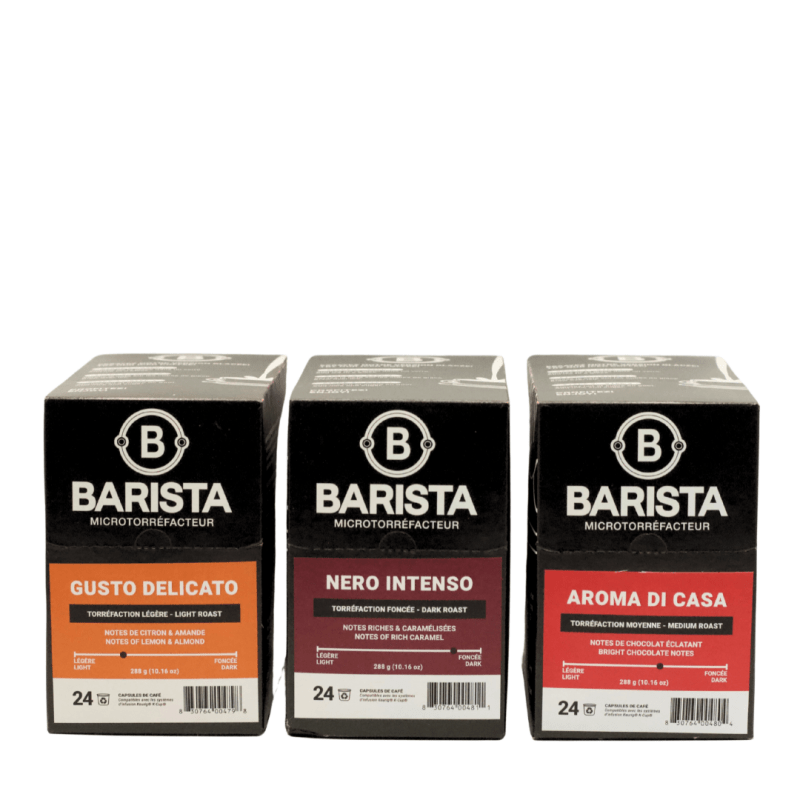 Trio capsules compatibles K - Cup®* Aroma di Casa , Gusto Delicato et Nero Intenso (3 boîtes X 24 capsules) - Cafe - Cafe Barista