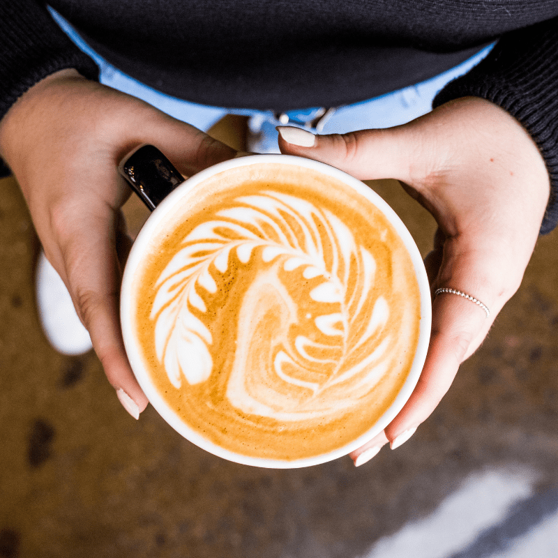 un personne tient un latte à deux mains, on y voit une rosetta vortez en latte art